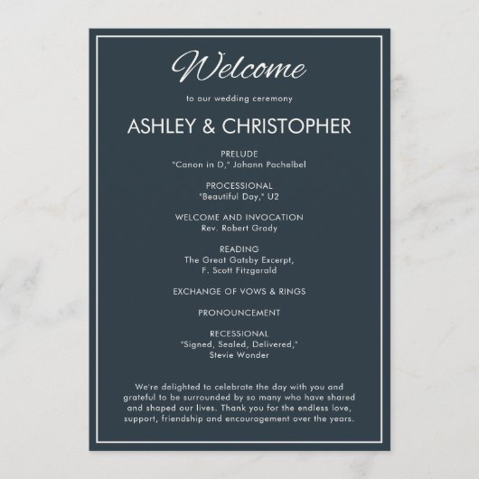 Minimalistisch Script Gunmetal Blue Wedding Programma (Voorkant)