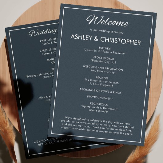 Minimalistisch Script Gunmetal Blue Wedding Programma