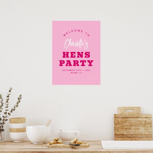 Minimalistisch script Hot Pink Hens Party Welkom Poster (Keuken)
