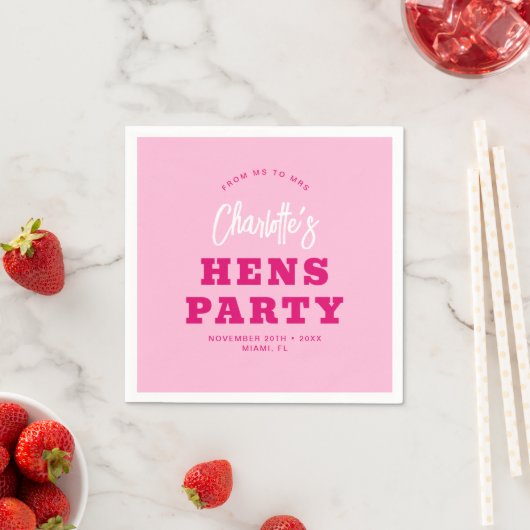 Minimalistisch script Hot Pink Modern Hens Party Servet (Insitu)