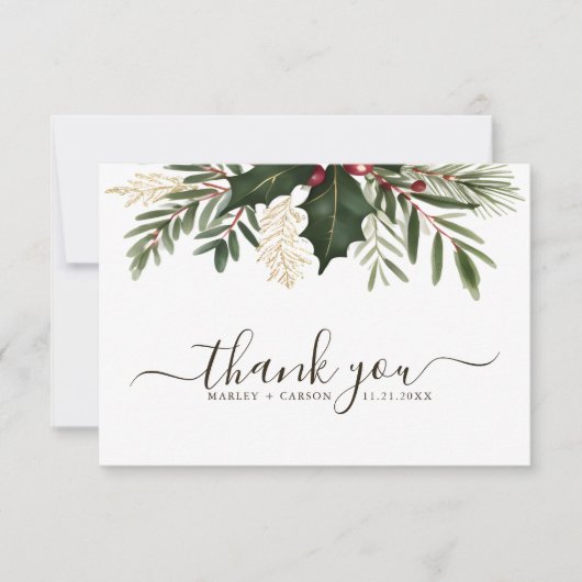 Minimalistisch script Kerstmis groen bruiloft Bedankkaart (Voorkant)