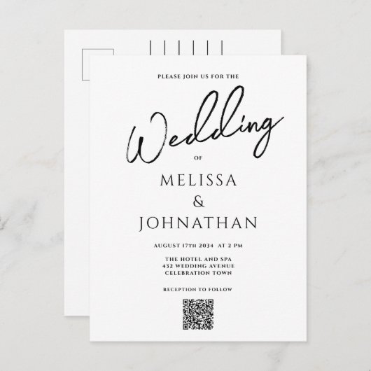 Minimalistisch script legant QR Code Weddenschap Uitnodiging Briefkaart (Voorkant / Achterkant)