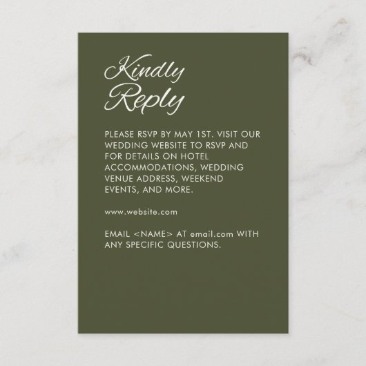Minimalistisch Script Leger Green Wedding RSVP Kaartje (Voorkant)