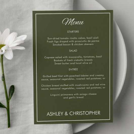 Minimalistisch Script Leger Groene bruiloft recept Menu