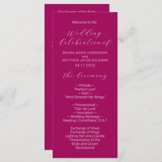 Minimalistisch script Magenta Wedding Program Programma (Voorkant / Achterkant)