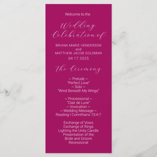 Minimalistisch script Magenta Wedding Program Programma (Voorkant)