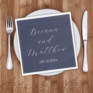 Minimalistisch script marineblauw bruiloft servet