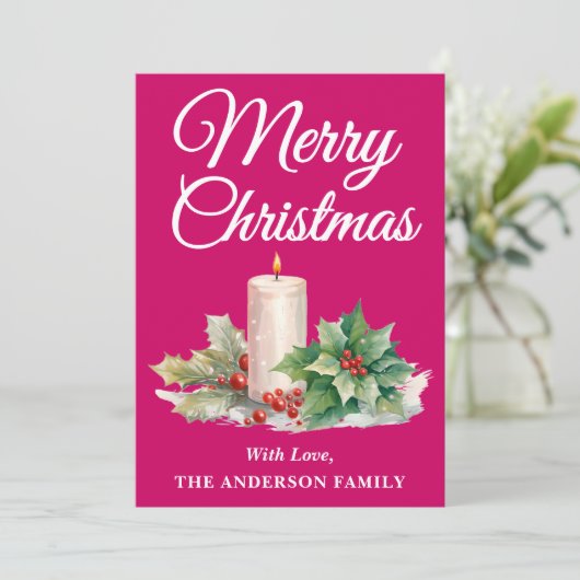 Minimalistisch script Merry Christmas Magenta Feestdagenkaart (Staand voorkant)