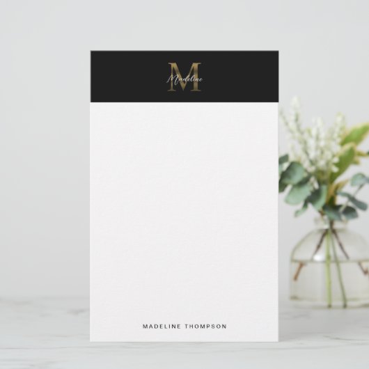 Minimalistisch Script Metallic Black Gold Monogram Briefpapier (Staand voorkant)