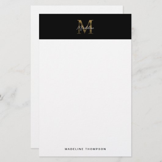 Minimalistisch Script Metallic Black Gold Monogram Briefpapier (Voorkant / Achterkant)