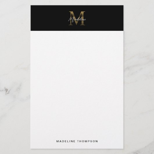 Minimalistisch Script Metallic Black Gold Monogram Briefpapier (Voorkant)