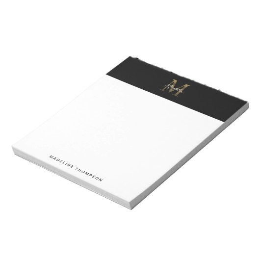 Minimalistisch Script Metallic Black Gold Monogram Notitieblok (Gedraaid)