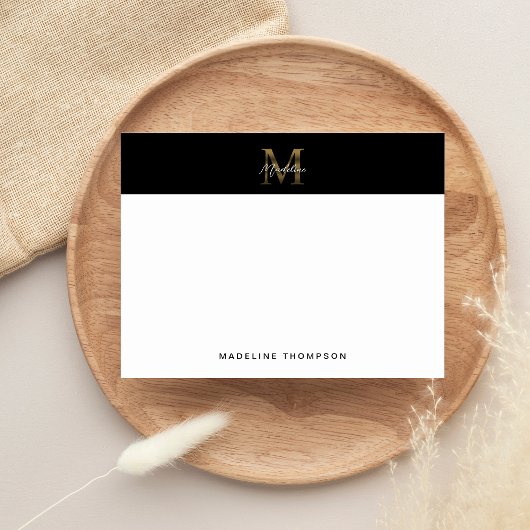 Minimalistisch Script Metallic Black Gold Monogram Notitiekaartje
