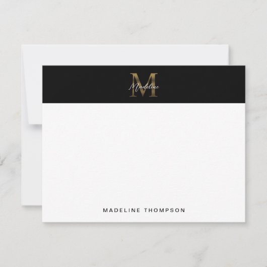 Minimalistisch Script Metallic Black Gold Monogram Notitiekaartje (Voorkant)