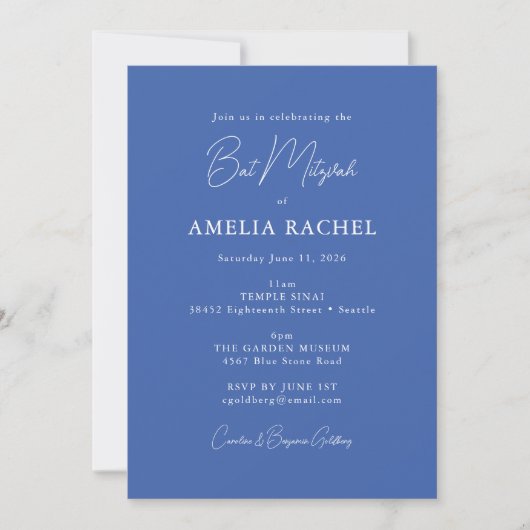 Minimalistisch script Modern Bat Mitzvah Cute Blue Kaart (Voorkant)