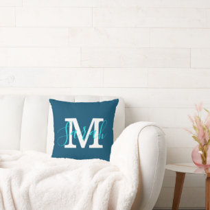 Minimalistisch Script Monogram Naam Blauw & Blauwg Kussen
