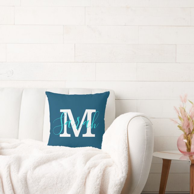 Minimalistisch Script Monogram Naam Blauw & Blauwg Kussen (Bank)