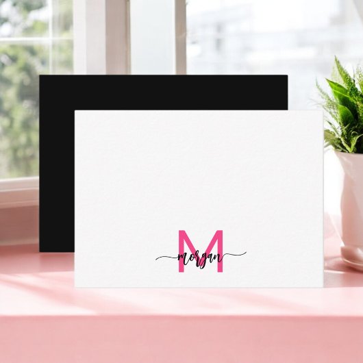 Minimalistisch Script Monogram naam Hot Pink Notitiekaartje