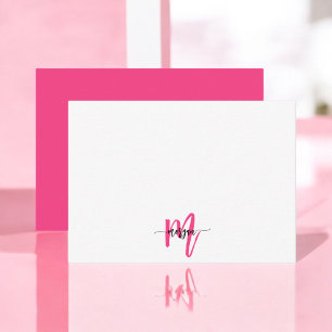 Minimalistisch Script Monogram naam Hot Pink Notitiekaartje