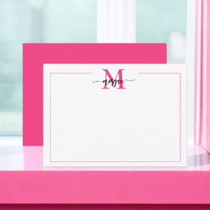 Minimalistisch Script Monogram One Border Hot Pink Notitiekaartje