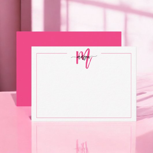 Minimalistisch Script Monogram One Border Hot Pink Notitiekaartje