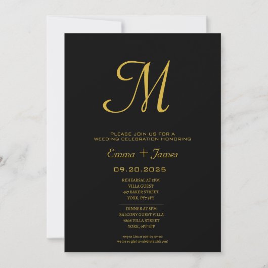 Minimalistisch Script Monogram Zwart Goud Bruiloft Kaart (Voorkant)