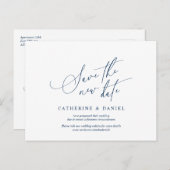 Minimalistisch script, Navy Blue, Wedding Postpone Briefkaart (Voorkant / Achterkant)