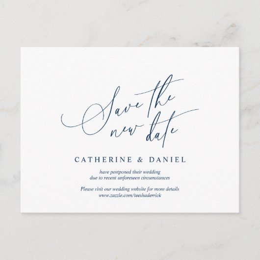 Minimalistisch script, Navy Blue, Wedding Postpone Briefkaart (Voorkant)