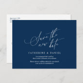 Minimalistisch script, Navy Blue, Wedding Postpone Briefkaart (Voorkant / Achterkant)