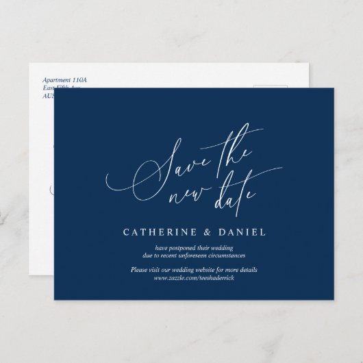 Minimalistisch script, Navy Blue, Wedding Postpone Briefkaart (Voorkant / Achterkant)