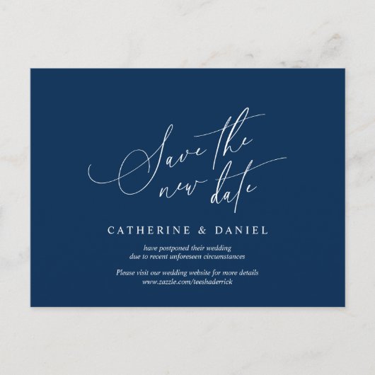 Minimalistisch script, Navy Blue, Wedding Postpone Briefkaart (Voorkant)