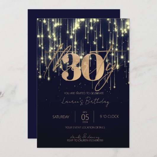 Minimalistisch Script Navy en Gold 30e verjaardag Kaart (Voorkant / Achterkant)