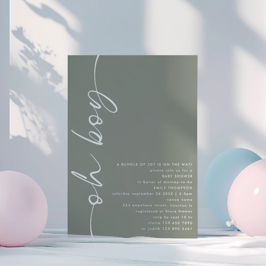 Minimalistisch script Oh Boy Sage Baby shower Kaart