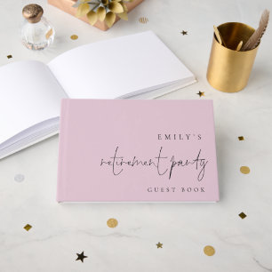 Minimalistisch script pensioenfeestje roze gastenboek