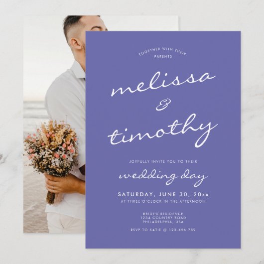Minimalistisch script Periwinkle Blue Wedding Kaart (Voorkant / Achterkant)
