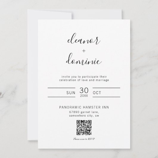 Minimalistisch script QR Code RSVP Weddenschap Kaart (Achterkant)