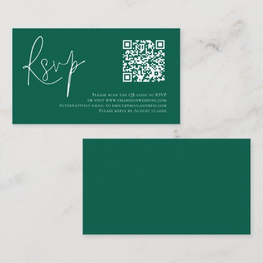 Minimalistisch Script QR Code Wedding Emerald RSVP Informatiekaartje (Voorkant / Achterkant)