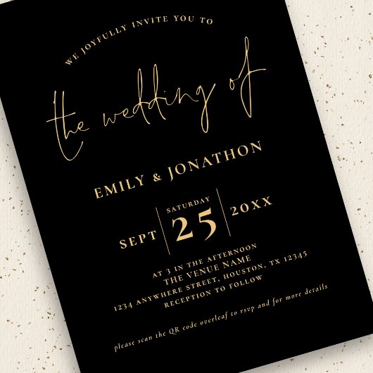 Minimalistisch Script QR Code Zwart Goud Bruiloft Kaart