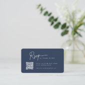Minimalistisch Script RSVP QR Code Marine Blauw Br Informatiekaartje (Staand voorkant)