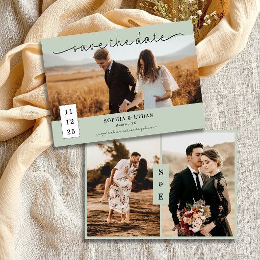 Minimalistisch Script Sage Green Photo Wedding Save The Date