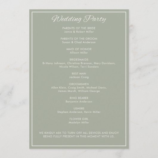 Minimalistisch script Sage Green Wedding Programma (Achterkant)