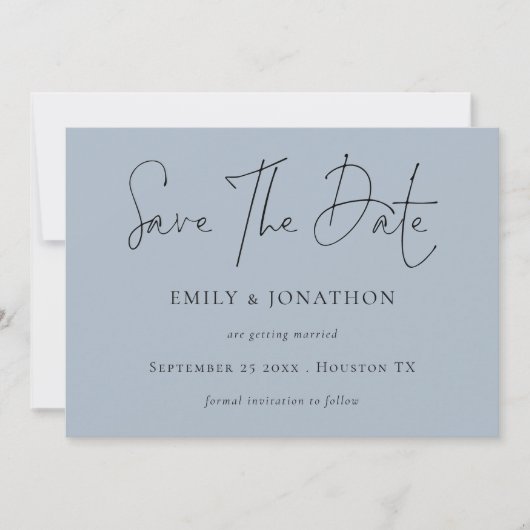 Minimalistisch script Stofblauw Save The Date (Voorkant)