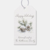 Minimalistisch script, waterverf besneeuwde dennen cadeaulabel (Voorkant)