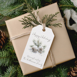 Minimalistisch script, waterverf besneeuwde dennen cadeaulabel