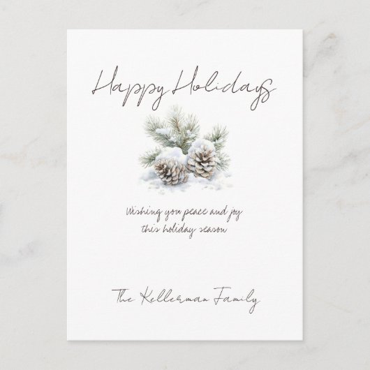 Minimalistisch script, waterverf besneeuwde dennen feestdagenkaart (Voorkant)
