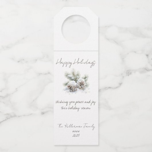 Minimalistisch script, waterverf besneeuwde dennen flessenhanger (Voorkant)