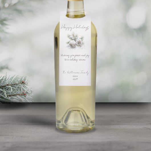 Minimalistisch script, waterverf besneeuwde dennen flessenhanger