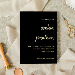 Minimalistisch script Weddengeld zwart en goud Folie Uitnodiging