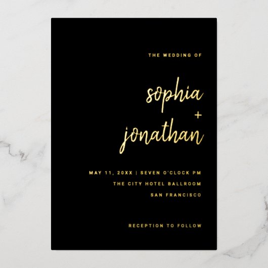 Minimalistisch script | Weddengeld zwart en goud Folie Uitnodiging (Voorkant)