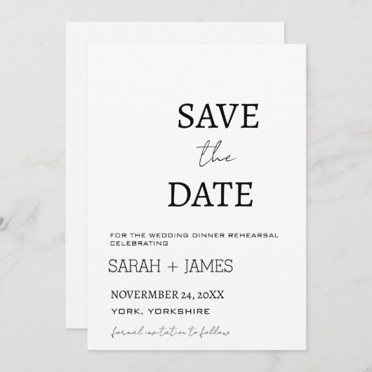Minimalistisch script wit bruiloft diner repetitie save the date (Voorkant / Achterkant)
